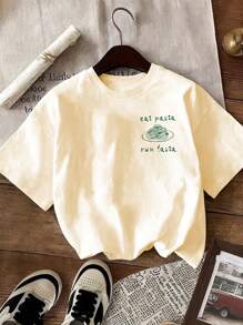 SHEIN MOOSTA Women's Summer Casual Pasta Pattern Round Neck Short Sleeve T-Shirt - Apricot - View 3