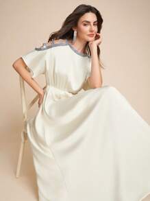 SHEIN Clasi Đầm dạ hội nữ màu mơ, chất liệu satin, kiểu dáng trễ vai, lấp lánh, dáng chữ A, eo thon, xếp ly, dây đeo, tay lửng, thanh lịch. - Màu be - Xem 7