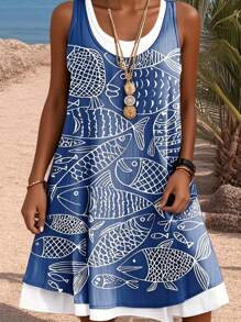 INAWLY Solva 大码夏季假日鱼印花圆领无袖连衣裙