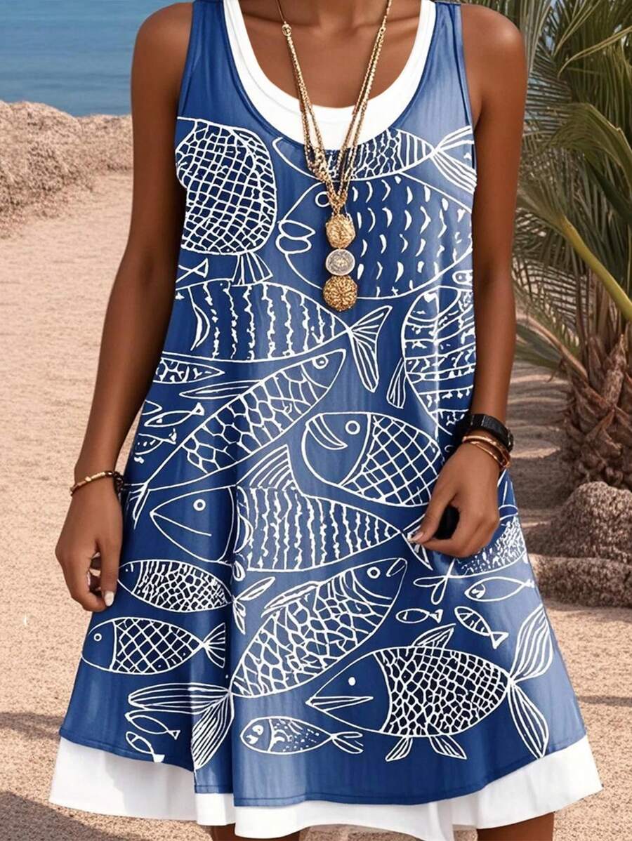 INAWLY Solva 大码夏季假日鱼印花圆领无袖连衣裙