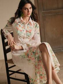 Anewsta Váy Maxi họa tiết hoa rộng rãi, cổ bẻ, tay áo lồng đèn kiểu Pháp, đơn hàng khuy, thắt lưng, trang phục mùa xuân dành cho nữ - Nhiều màu - Xem 3