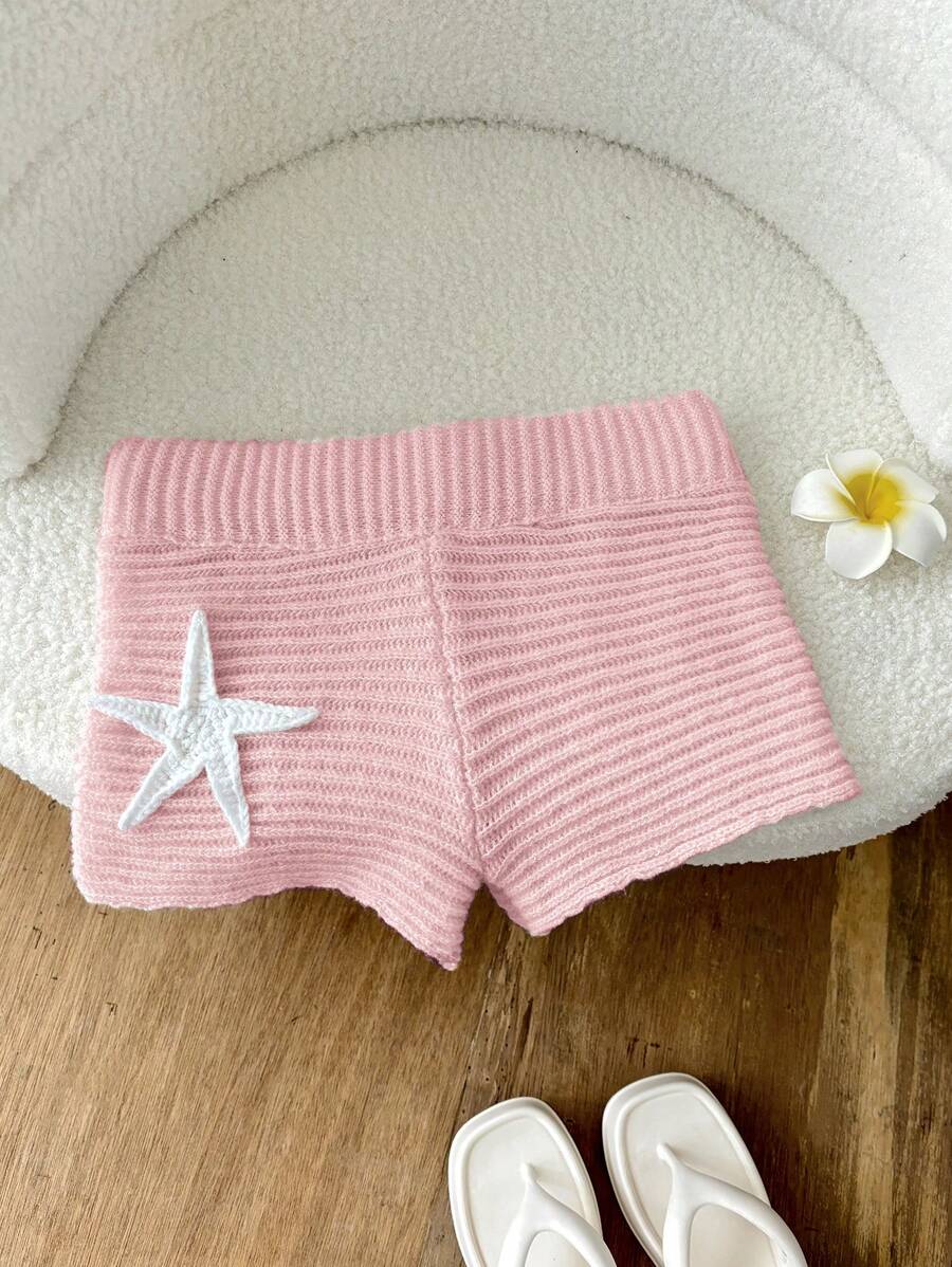 Elamini Starfish Textured Knitted Pink Shorts - Pink - View 1