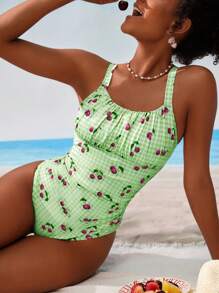 SHEIN Traje de baño de una pieza con estampado de cuadros y cerezas, adecuado para la playa y las vacaciones para mujeres