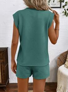 SHEIN LUNE Outdoor Sport Athleisure Trainingspak Dames Set van 2, Zomerse Gestructureerde Stof, Gewatteerde Schouders, T-shirt en Shorts