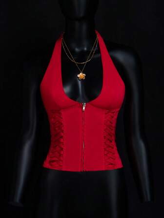 GloRilla x SHEIN ICON 女士纯色系带拉链无袖吊带背心