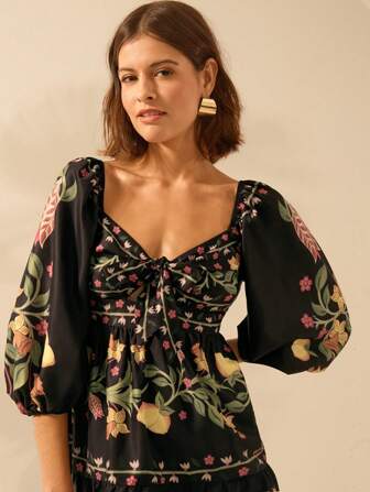 CAJUNI Robe courte noire à manches lanternes avec imprimé floral et citron vintage bohème avec nœud devant