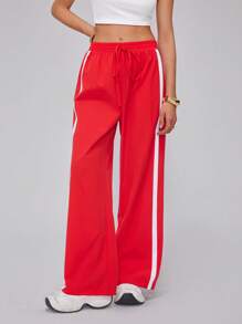 Roylia Pantaloni estivi da donna casual a gamba dritta rossi e bianchi a righe, in vita elastica con fiocco decorativo