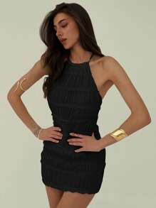 Aloruh Vestido mini ajustado con espalda descubierta, tiras para atar y volantes, vestido romántico para citas y vacaciones de verano
