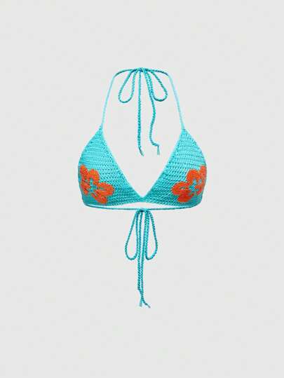 ROMWE Avant Vacation Hawaiian Hibiscus Embroidered Halter Neck Knitted Crop Top