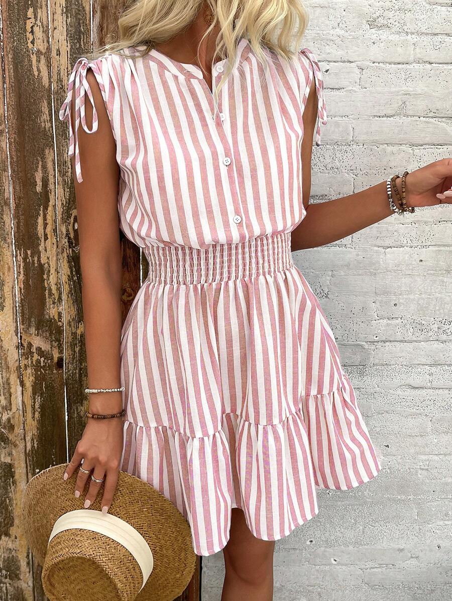 Breezaya Blue & White Striped Summer Dress With Shoulder Pleats, Bowknot, And Elasticated Waist, Cotton - Watermelon Pink - View 1