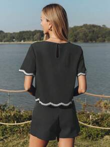 SHEIN LUNE Nueva camisa de primavera negra elegante, minimalista, informal, de oficina, para trabajo o de maestra, camisa de moda de manga corta