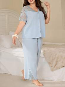 SHEIN Plus Size Women Lace Patchwork Sheer Shoulder Open Front Short Sleeve Top & Long Pants Pajamas Set, Outfits - Baby Blue - View 6