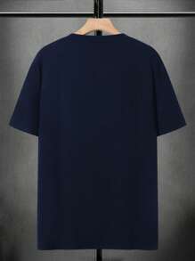 Manfinity Homme Men's Letter Print Round Neck Short Sleeve T-Shirt, Suitable For Summer Men's Tee Shirts - Navy Blue - View 4