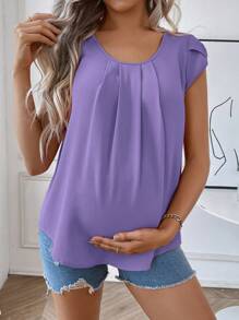 SHEIN Maternity Solid Color Ruched Round Neck Elegant Short Sleeve Blouse, Suitable For Summer - Purple - View 3