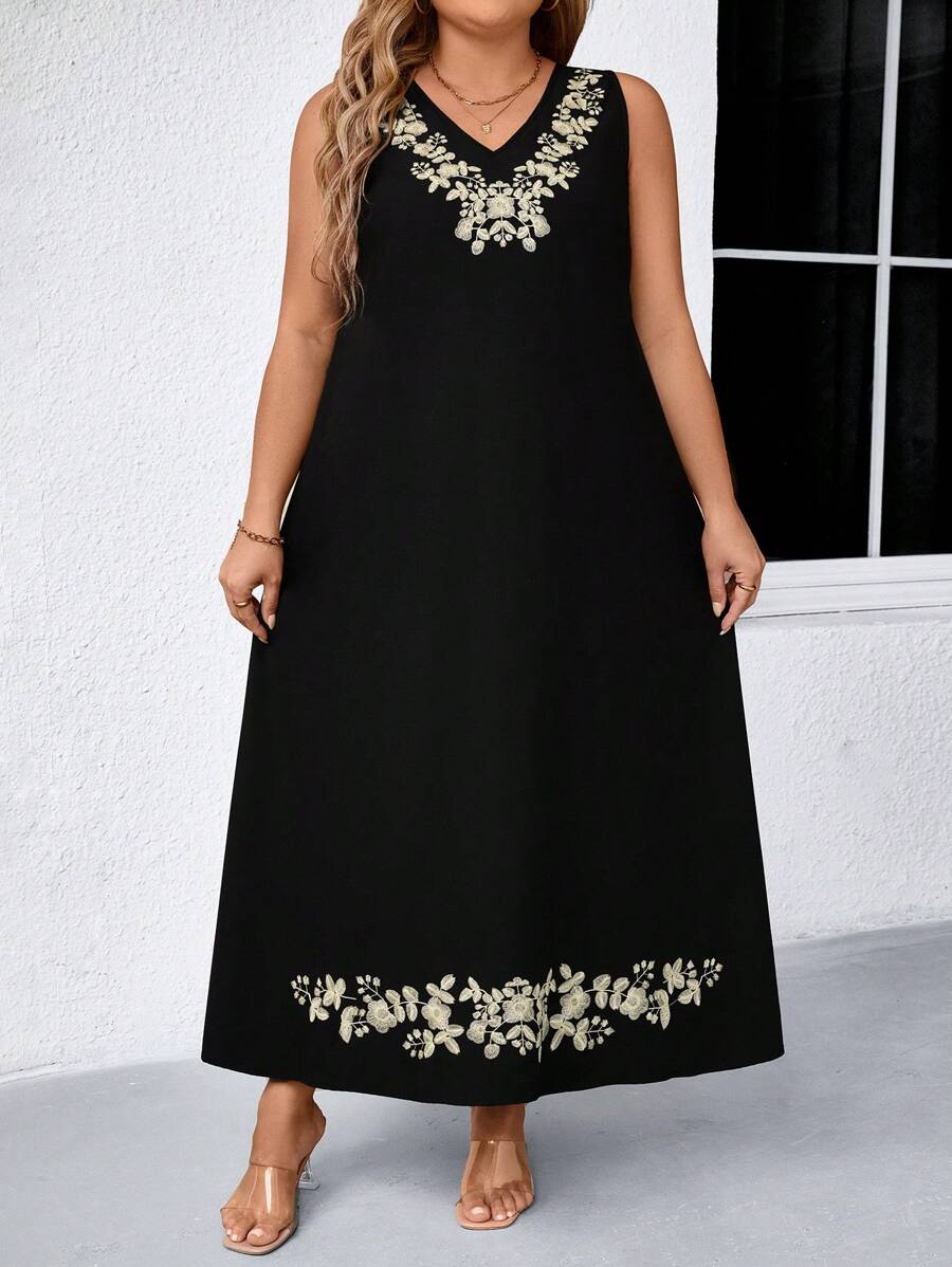 EMERY ROSE 大码女式花卉刺绣 V 领无袖浪漫连衣裙，优雅迷人，适合宴会、春夏季 - 黑色 - 查看 1