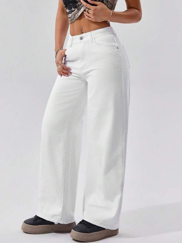 SHEIN PETITE Women's Loose Fit Pocket Casual Wide Leg Jeans