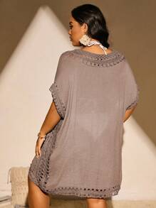 SHEIN Swim Curve Plus Size Women Hand-Knitted Loose Plus Size Pullover For Summer Beach Vacation - Khaki - View 2