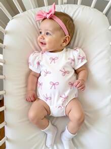 Souflis Souflis Baby Girls' Cute Bow Print Knit Bodysuit With Bow, Casual Summer Korean Style - White - View 7