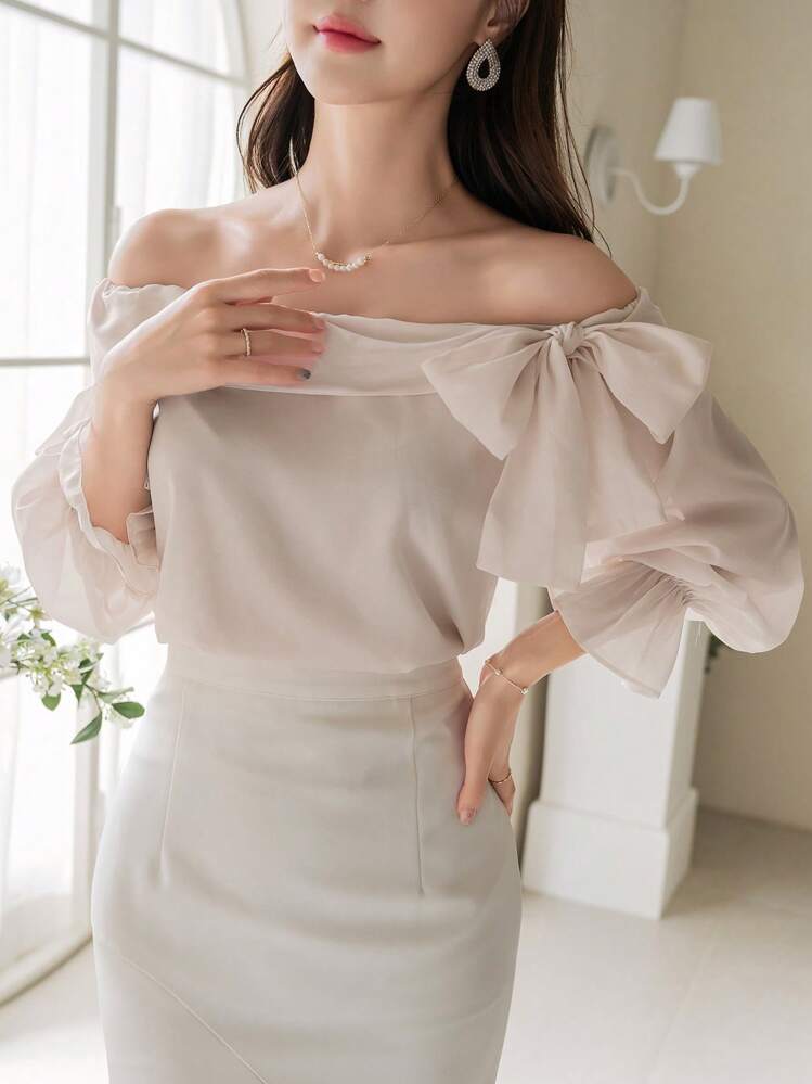 DAZY 情人节纯色系带肩女式衬衫、荷叶边、露肩上衣、秋季女装长袖上衣 - 米色 - 查看 5