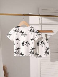 SHEIN Set de tricou și pantaloni scurți pentru băiat tânăr, cu mânecă scurtă, cu model minimalist, cu mânecă scurtă, cu gâtul scurt, potrivit pentru vară - alb - Vizualizare 2