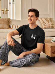 Men's Letter Print Round Neck Short Sleeve Casual Home Top  Pajamas Set For Men  Sleepwear Nightwear