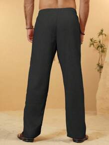 Manfinity RSRT Men's Casual Drawstring Waist Slant Pocket Linen Pants Casual Men Pants - Black - View 2