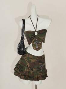 SHEIN ICON 女士迷彩两件套日常穿搭 - 軍綠色 - 查看 8