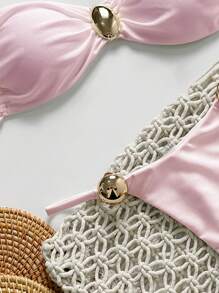 Swim Mod 2pcs Women Summer Beach Outfits: Metallic Solid Color Spaghetti Strap Gold Circle Accessory Bandeau Top And Thong Bikini Set - Baby Pink - View 5