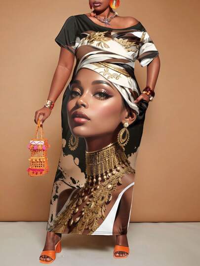 Maweii 大码女式口袋性感连衣裙，金色女人图案