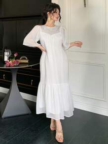 DAZY Elegant Beaded Ruffle Lotus Sleeve Round Neck Women Mid-Length Dress, Summer,Back To School Clothes