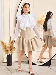 Conjunto de 2 piezas para niña preadolescente: Blusa elegante de manga larga con volantes y falda mini