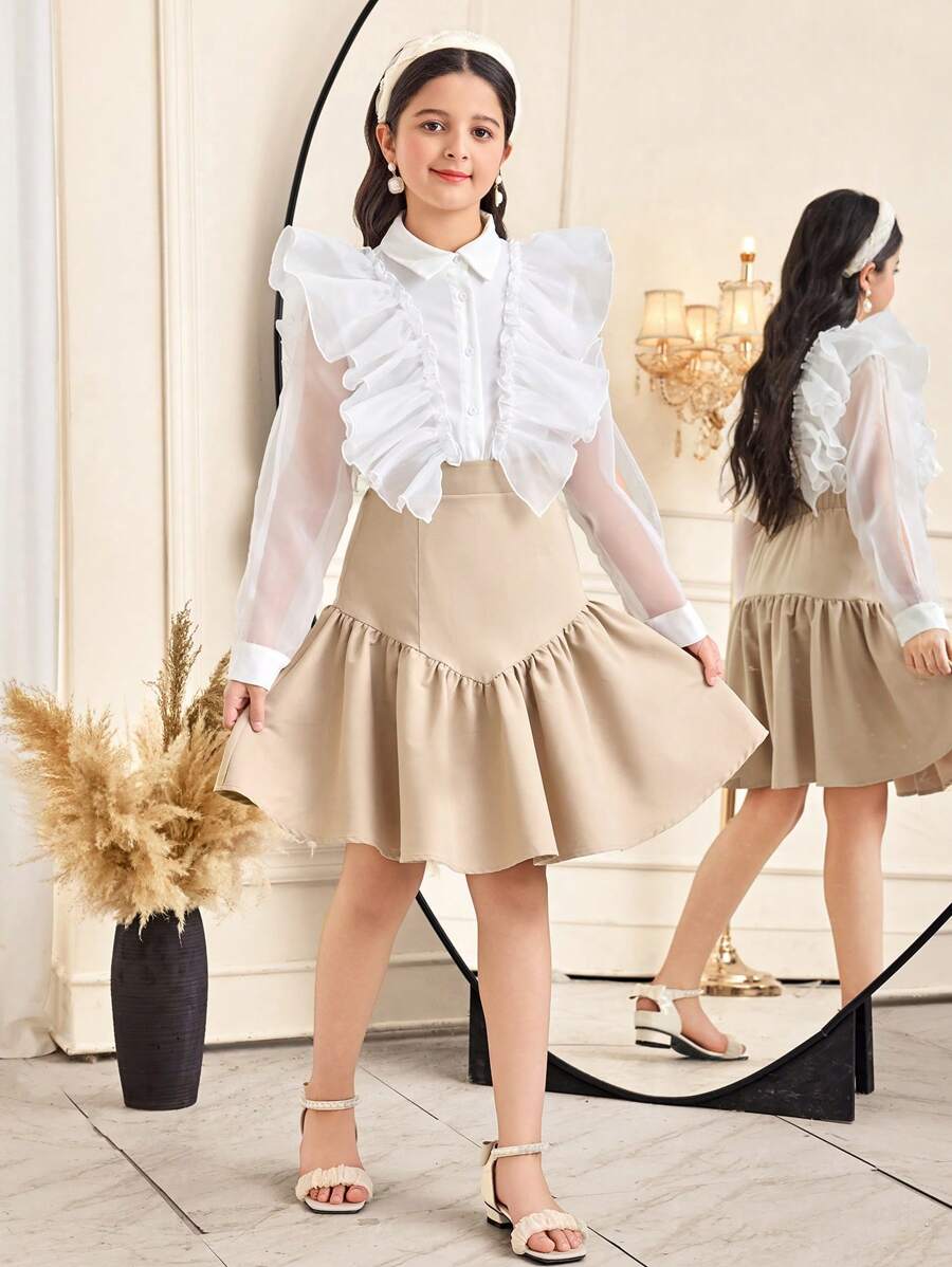 Conjunto de 2 piezas para niña preadolescente: Blusa elegante de manga larga con volantes y falda mini