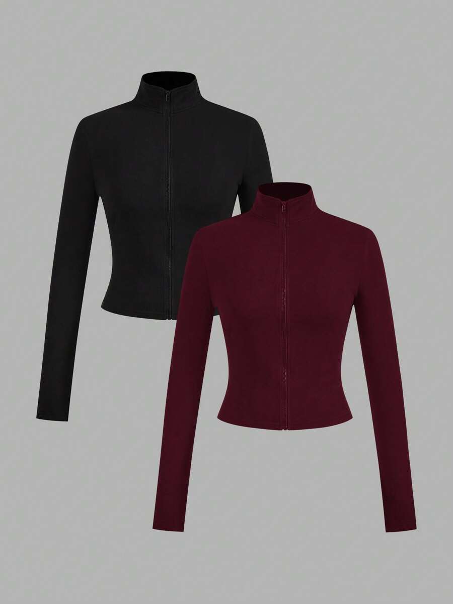 SHEIN EZwear 2 件套酒红色和黑色罗纹拉链长袖针织 T 恤女士 - 彩色 - 查看 1