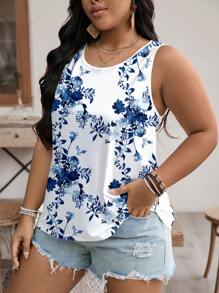 EMERY ROSE Floral Pattern Round Neck Loose Camisole And Tank Top, Suitable For Plus Size In Summer Suitable For Going Out - Multicolor - View 4