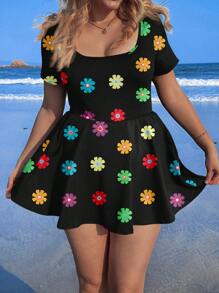 CovetEZ Plus Size Casual Ditsy Floral Printed One-Piece Jumpsuit, Simple & Suitable For Beach Vacation, Summer - Multicolor - View 2