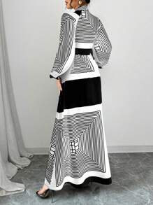 Rafferiza French Retro Long Sleeve Shirt Dress, Waist-Cinched, Elegant Print, High-End Resort Dress Fall Cloth For Women - Black and White - View 2