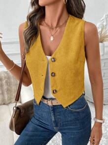 SHEIN LUNE Office Lady Plain Color Minimalist Style Vest Top, Suitable For Summer - Yellow - View 5
