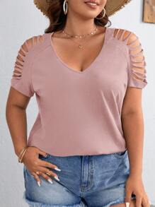 SHEIN VCAY Camiseta informal de manga corta con cuello en V y calado para mujer de talla grande
