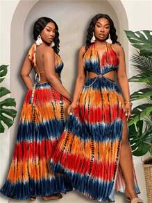 SHEIN SXY Plus Size Women's Spring & Summer Tie-Dye Ruched Backless High Slit Dress,Navy Blue,Summer,Boho,Bridesmaids,Vacation,Holiday, Beach Party Outfit - Multicolor - View 1