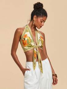 Travachic Women's Summer Vacation Floral Print Knot Front Halter Top, Printed Sleeveless Tops, Vacation Style, Woven Graphic Printed, Casual Summer, Bohemia Beach Vacation, Boho Chic, Country Concert, Holiday Festival, Beach, Graduation, Old Money Style Women, Mother's Day - White - View 4