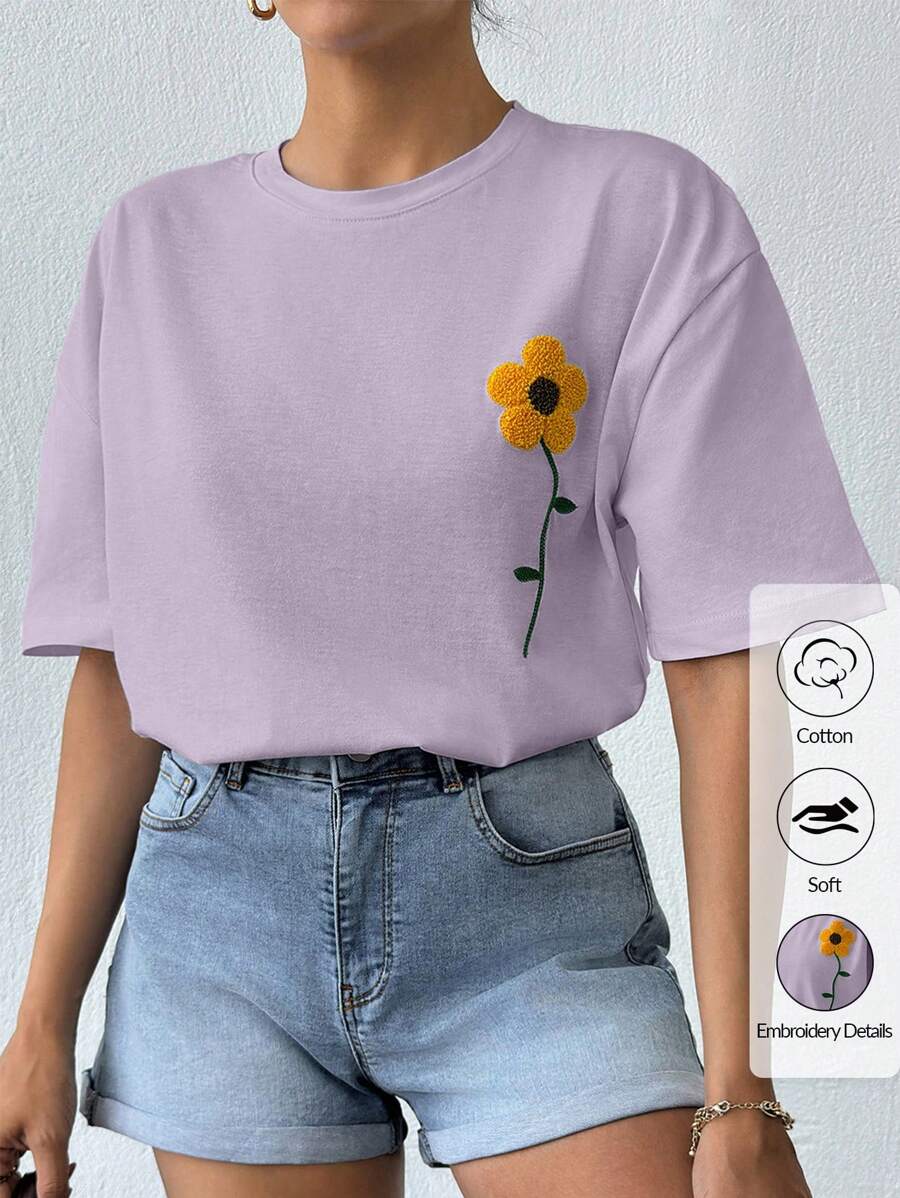 100%Cotton White Tshirt With Embroidery Detail - Lilac Purple - View 1