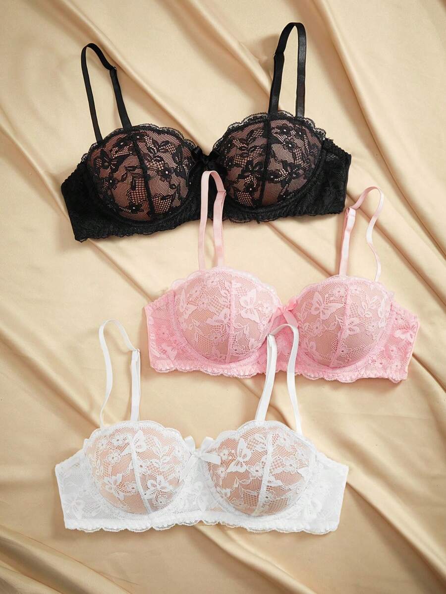 Charlaine 3pcs/Set Lace Patchwork Wireless Lingerie Bras, Cup Padding, Adjustable Spaghetti Straps For Women - Multicolor - View 1