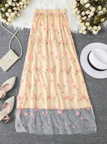 Chiquease Damen Mode Blumen eleganter Midi-Rock, Frühling/Sommer - Aprikosenfarben - Übersicht 2
