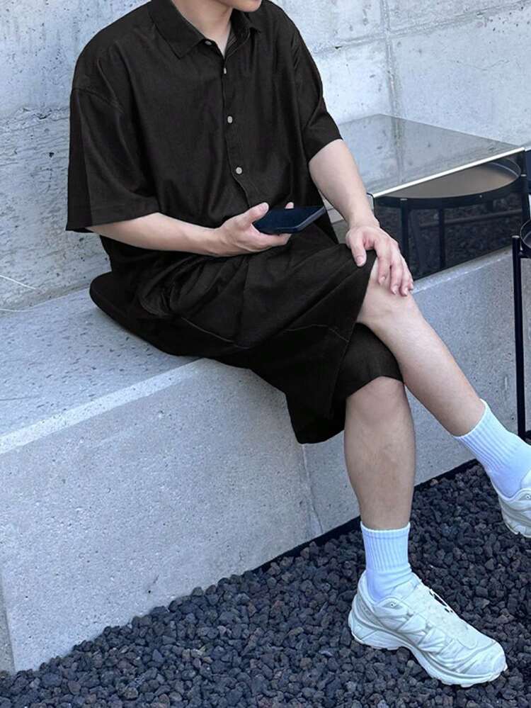 Men's Solid Color Baggy Shirt & Shorts Set, Summer Business Attire