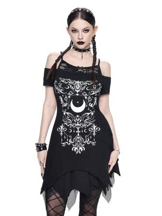 Goth T-shirt court à manches courtes, col épaules dégagées, ourlet asymétrique, avec superposition de dentelle, imprimé plante et lune gothique. Idéal pour la plage, les vacances et la remise des diplômes