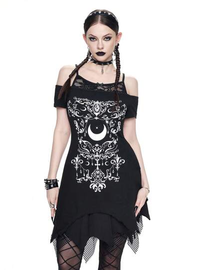 Goth Camiseta de manga corta con escote asimétrico, gasa, parches de encaje y estampado de plantas y lune, diseño gótico, ideal para playa, vacaciones y graduación