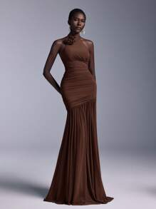 Elitara Elegant Halter-Neck Floral Ruched Tulle Mermaid Bridesmaid Dress - Brown - View 5