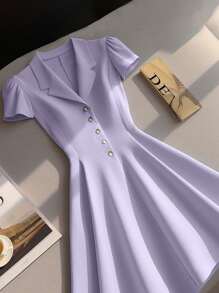 Franclia Solid Color Lapel Flare Hem Dress - Mauve Purple - View 3