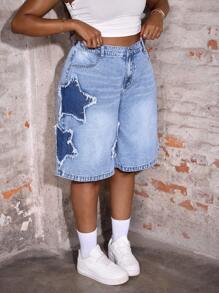 Slaydiva Plus Size Denim Casual Loose Shorts, Star Pattern, Blue Summer Vacation Cowgirl Western Wear Women Business Casual Woman Festival Airport Graduation Ibiza Beach Hawaii Concert Boho Rave Rave Festival Coachella Y2k Women Cowboy Streetwear Gyaru 2000s Disco Mother Day Happy Mother Day
