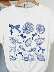 Women Loose Fit Seashell Print Round Neck Short Sleeve T-Shirt, Suitable For Summer